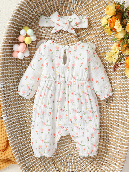 Long Sleeve Print Floral With Bow Daily Jumpsuit